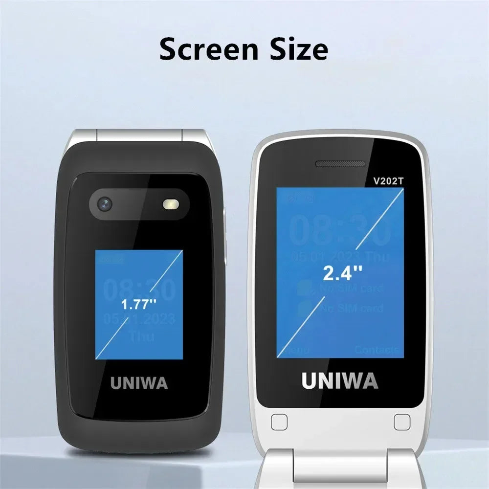 UNIWA V202T 4G Feature Flip Phone Fashion Dual Screen Big Push-Button Flip Mobile Phone for Elderly 1450mAh SOS Function Phone