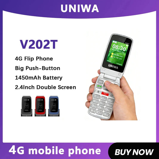 UNIWA V202T 4G Feature Flip Phone Fashion Dual Screen Big Push-Button Flip Mobile Phone for Elderly 1450mAh SOS Function Phone