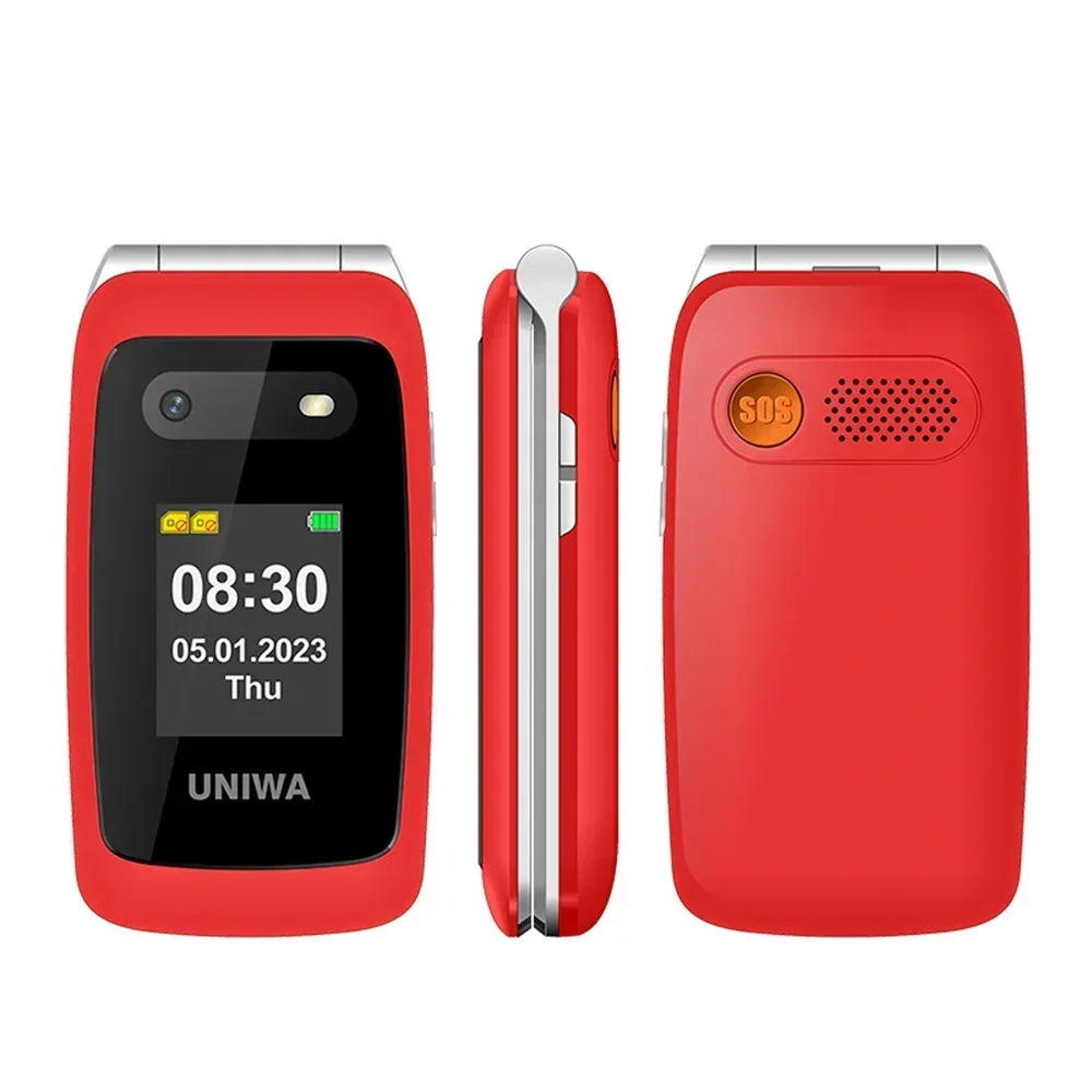 UNIWA V202T 4G Feature Flip Phone Fashion Dual Screen Big Push-Button Flip Mobile Phone for Elderly 1450mAh SOS Function Phone
