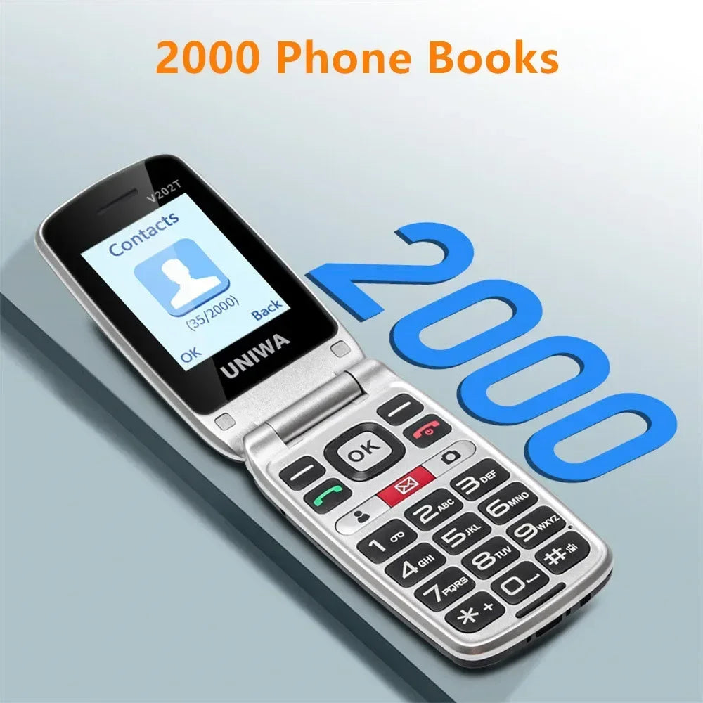 UNIWA V202T 4G Feature Flip Phone Fashion Dual Screen Big Push-Button Flip Mobile Phone for Elderly 1450mAh SOS Function Phone